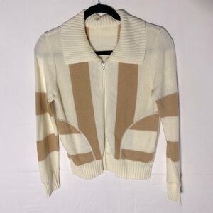 Vintage Tan Cream Knit Zip Front Cardigan Sweater M